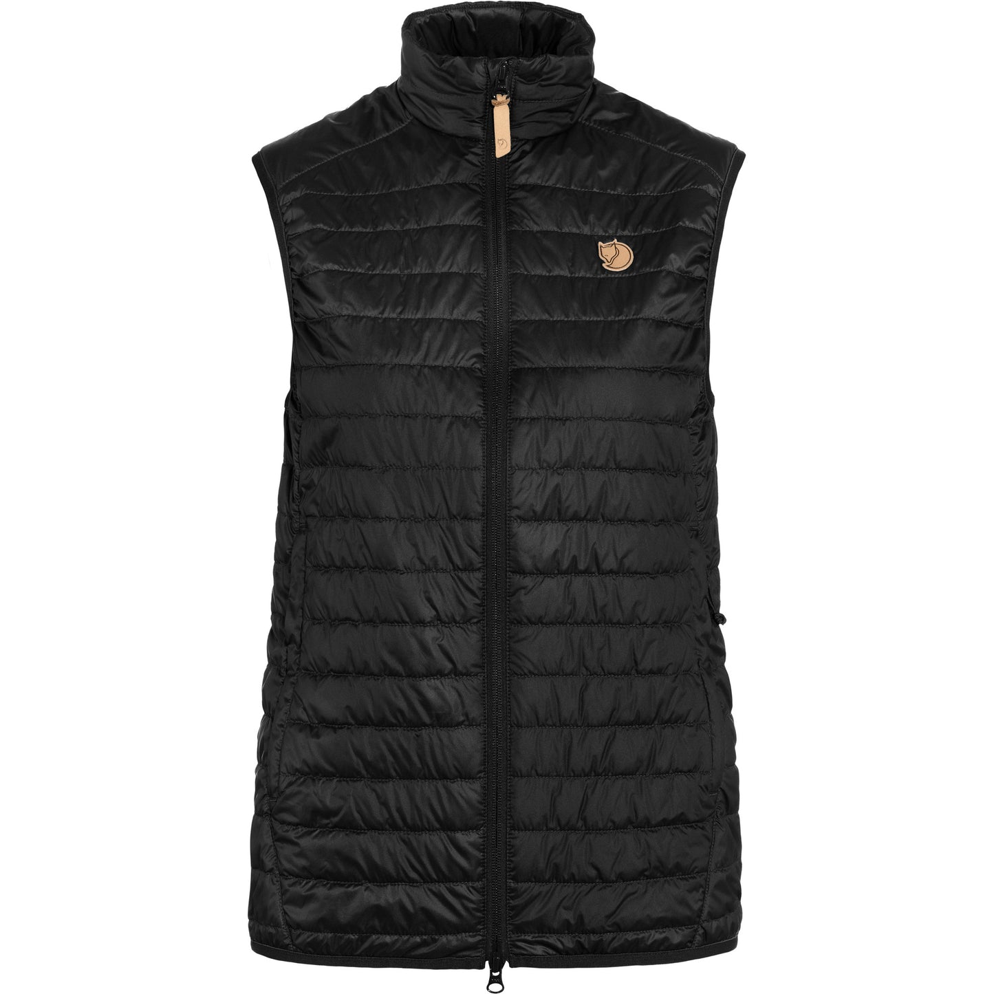 Black puffer vest with a brand logo on a white background