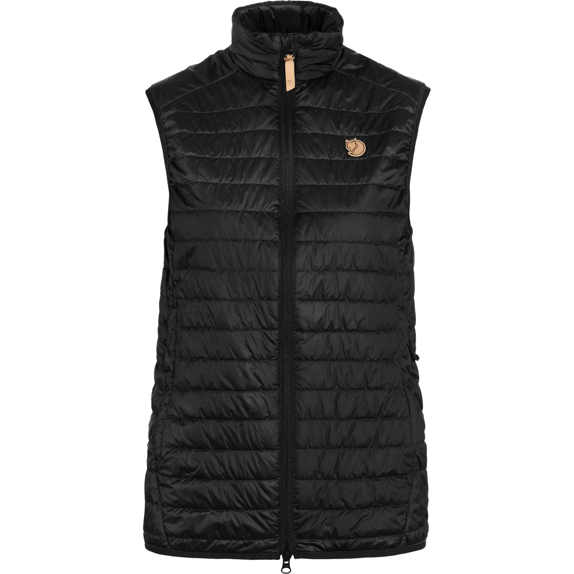 Black puffer vest with a brand logo on a white background
