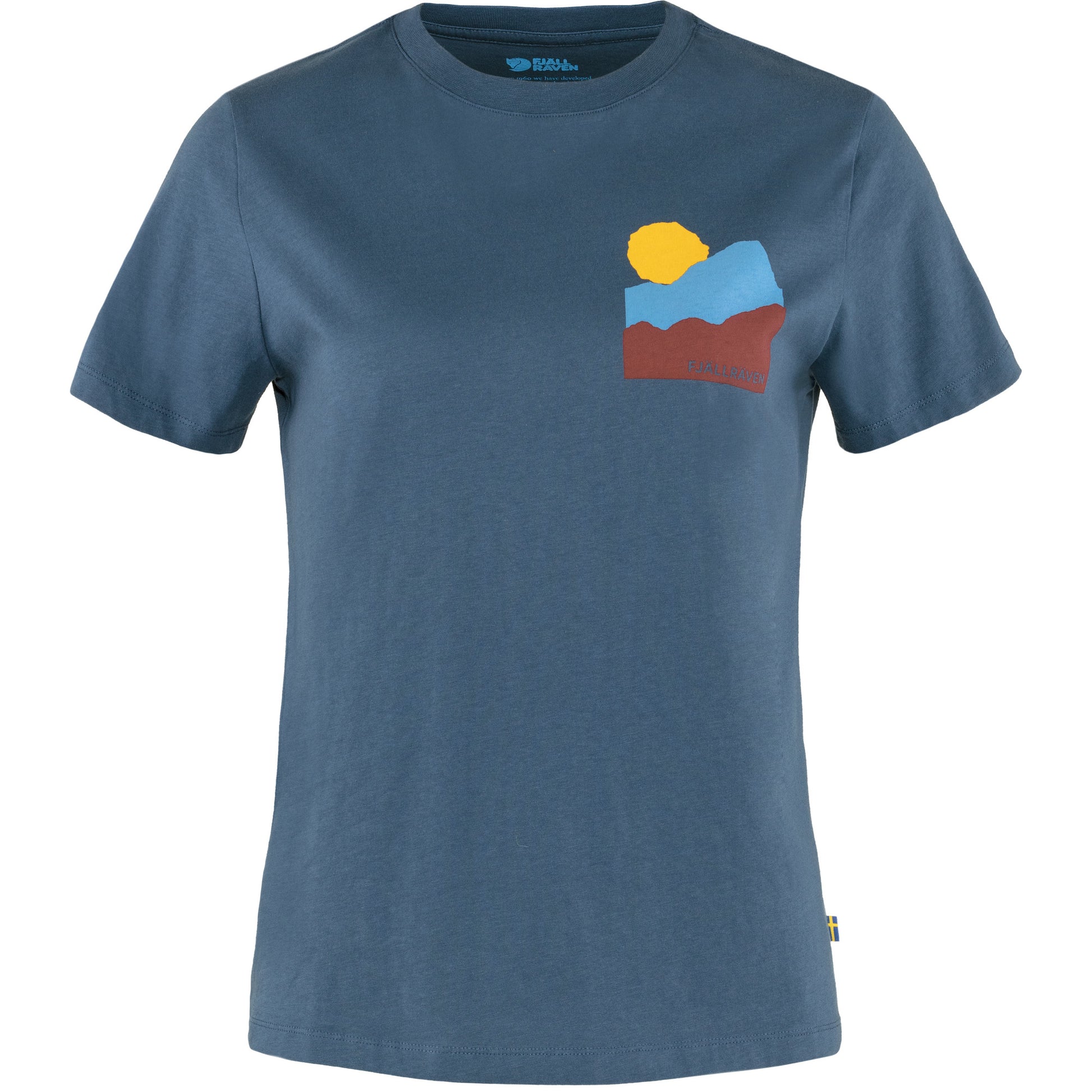 Blue t-shirt with a colorful graphic on a white background